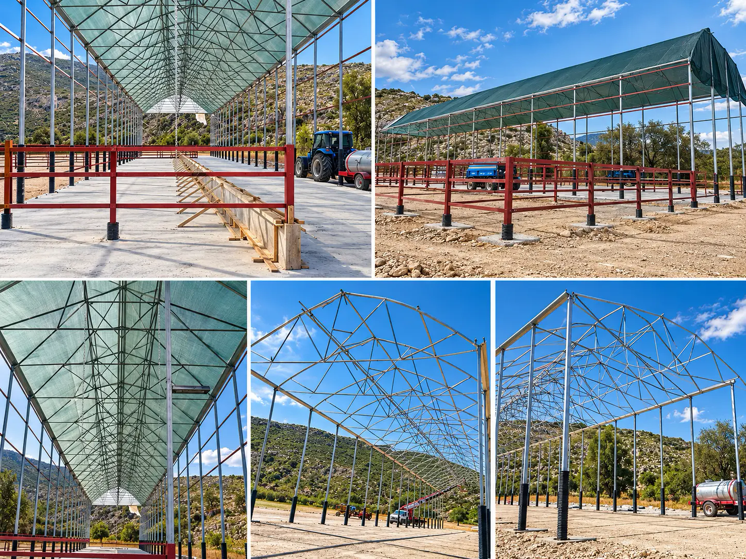 Greenhouse-style livestock shelter construction stages