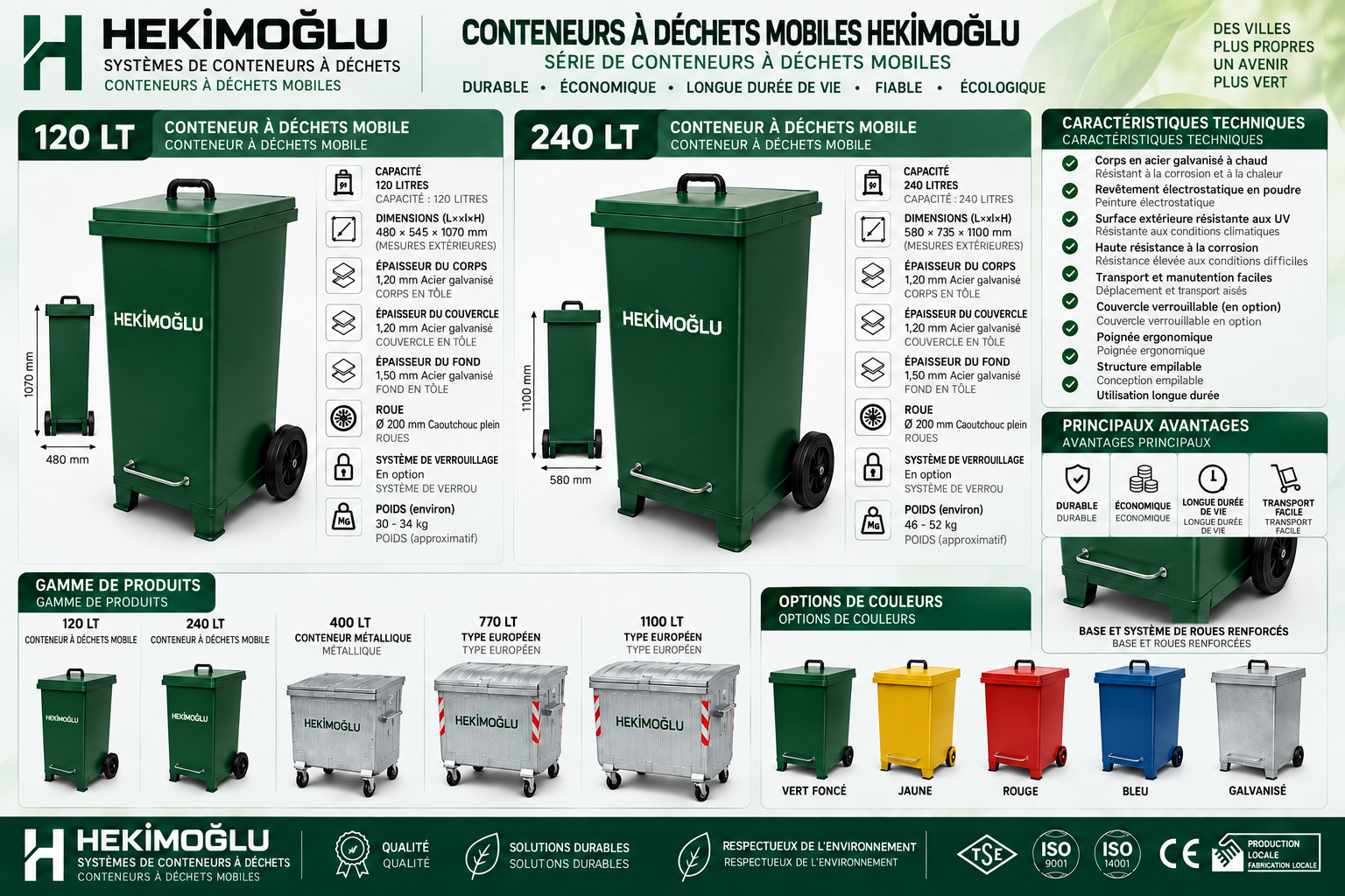 Brochure produits et caractéristiques techniques des conteneurs à déchets mobiles Hekimoğlu 120 L et 240 L