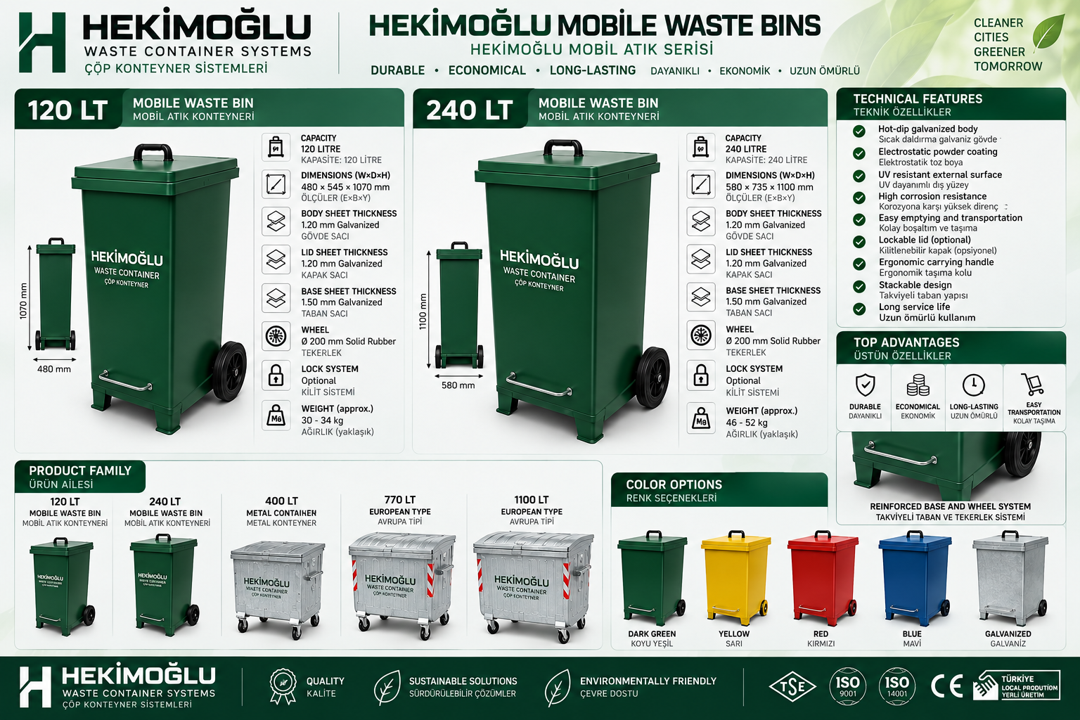 Hekimoğlu 120 L and 240 L mobile waste bins product and technical specification brochure